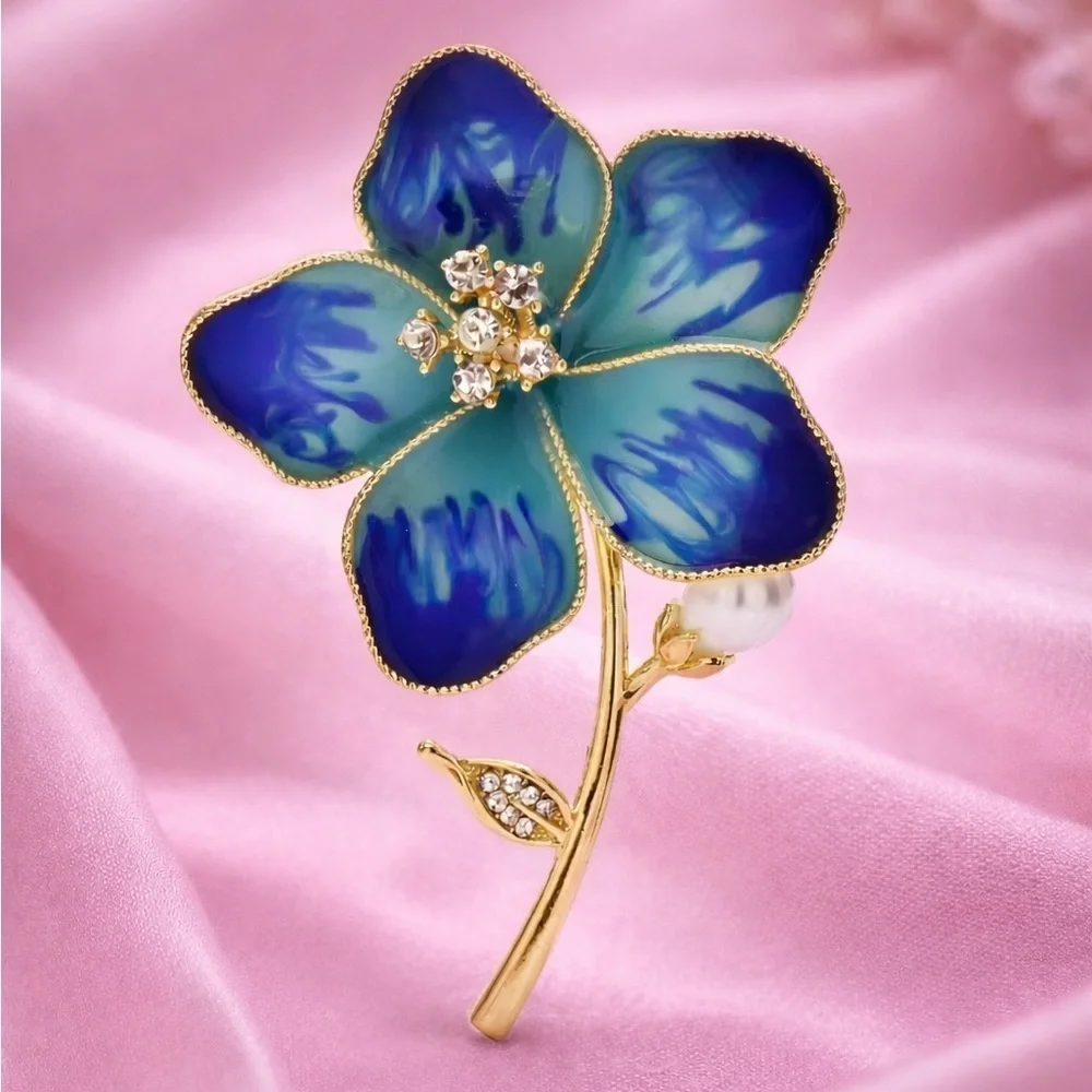Blue Floral Blossom Gold Brooch
